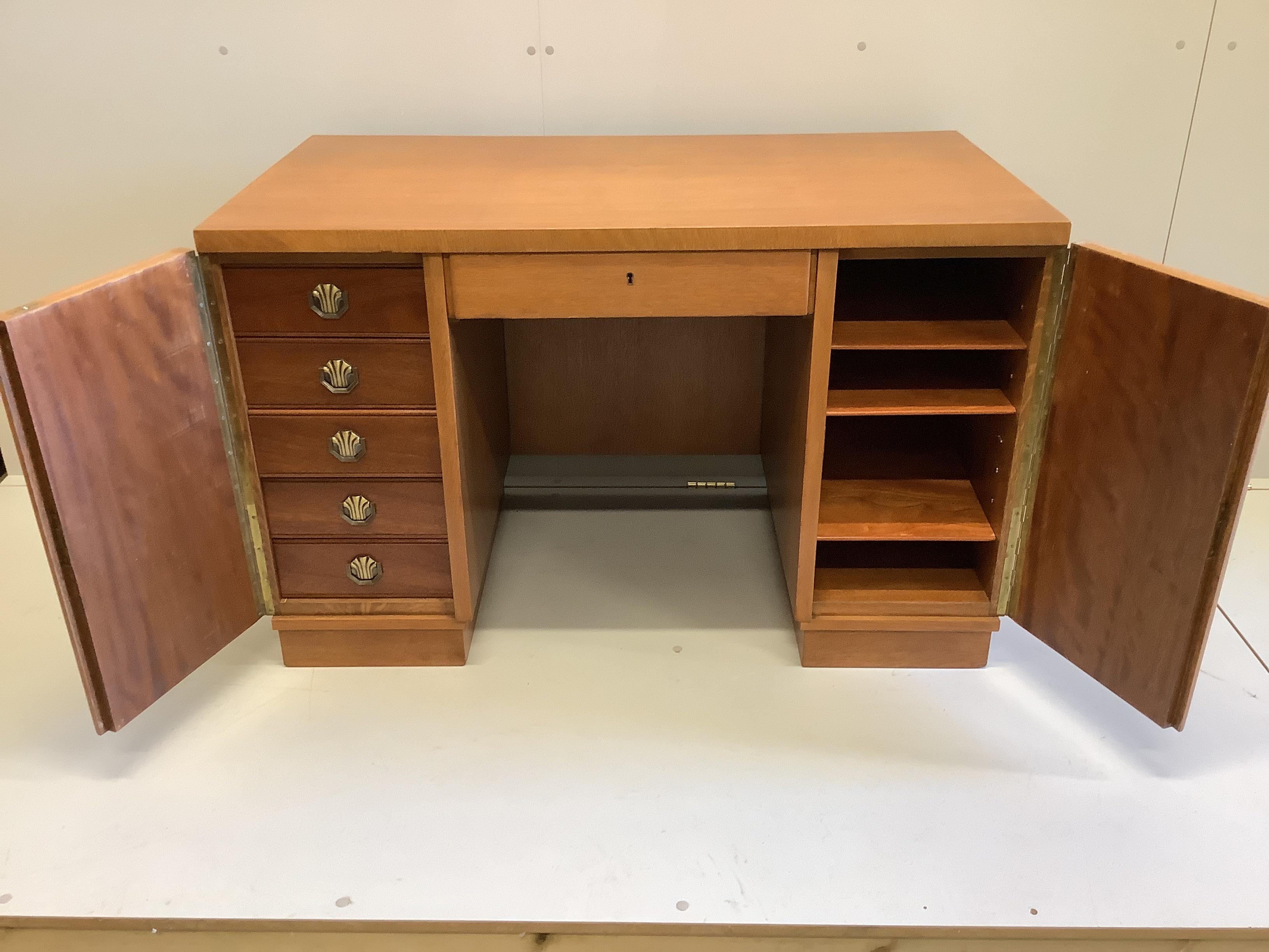 A mid century French oak kneehole desk, width 120cm, depth 64cm, height 76cm